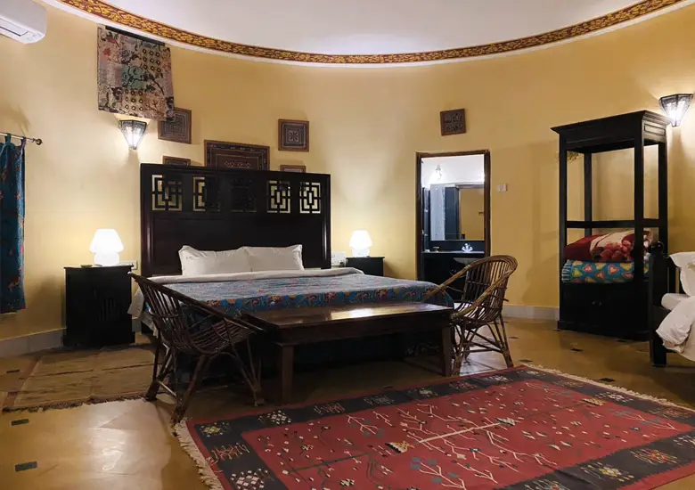 luxury cottage room at damodra desert camp jaisalmer